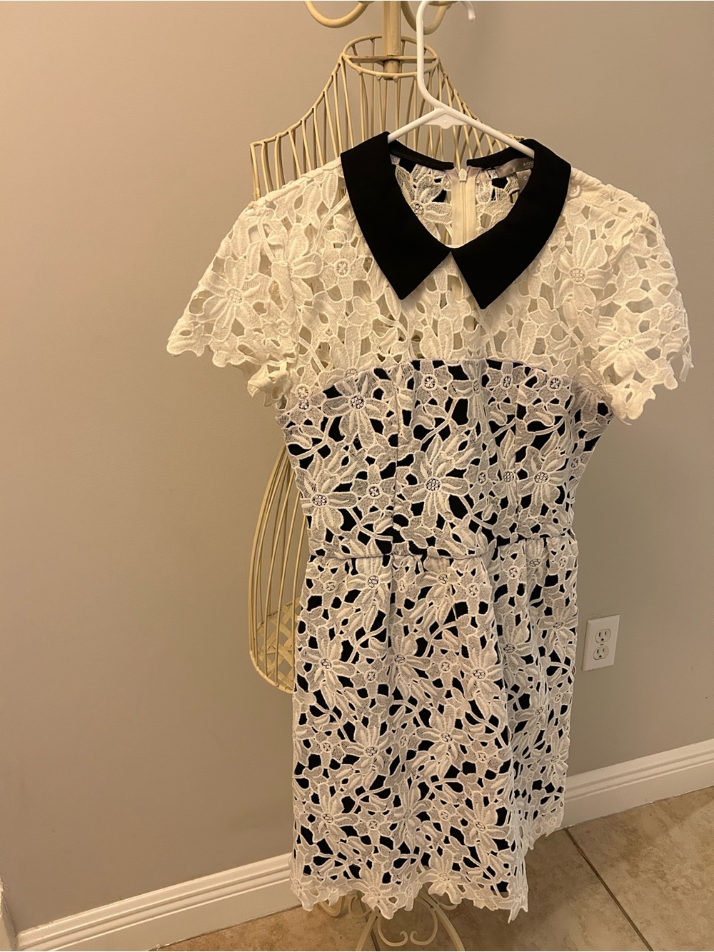 Joules White Floral Lace Dress with Black Collar